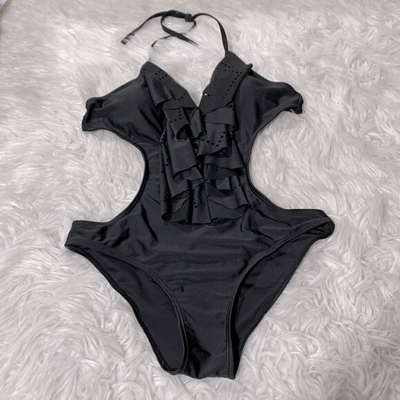 ONE PIECE swimsuit plunging Vneck ruffles tie at neck back strap sz L - Picture 2 of 8